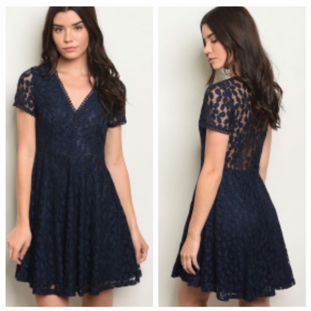 Navy Blue Lace Short Sleeve Dress - Picture 9 of 9
